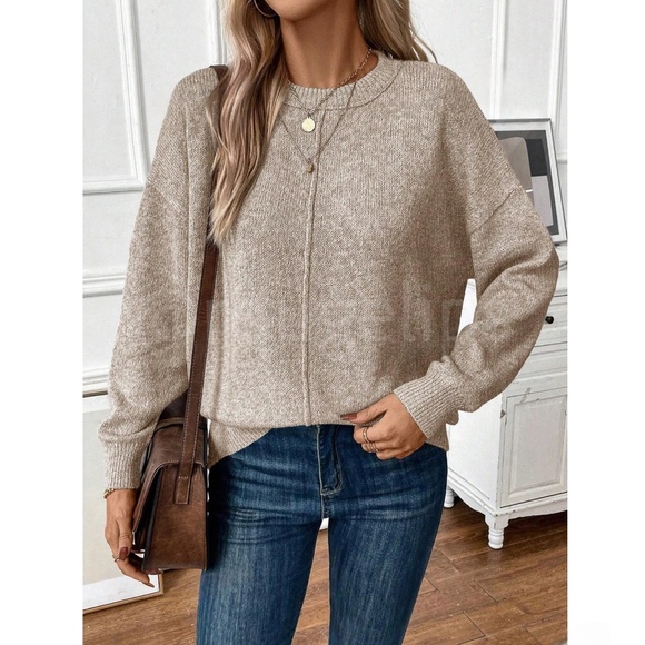 Beige Knit Pullover Loose Fit Sweater Long Sleeve Drop Shoulder - Picture 3 of 7